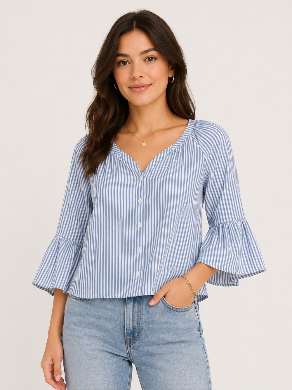 Express Light Blue Stripe Peasant Top Button-Front, 3/4 Sleeves